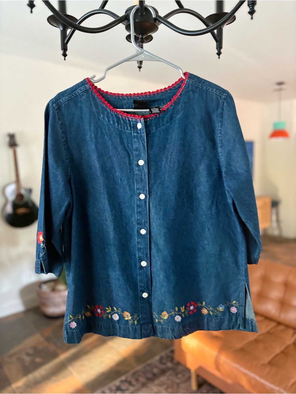 Erika Petite Vintage Embroidered Denim Blouse Size PM